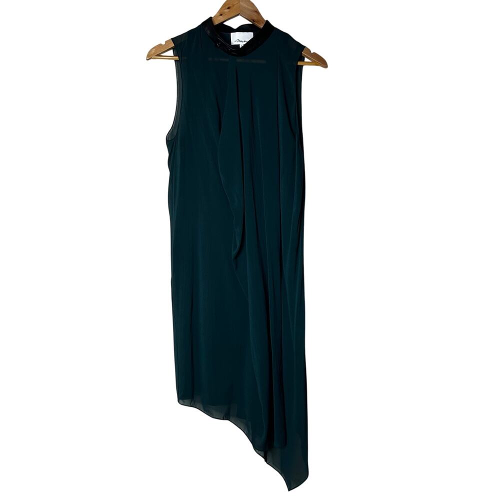 3.1 Phillip Lim Dress Size 8 Silk Lamb‎ Leather Green Black Swing Asymmetric